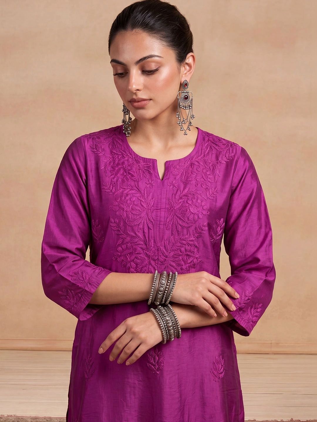 House of Chikankari Women Ethnic Motifs Embroidered Regular Thread Work Chanderi Silk Kurta with Palazzos