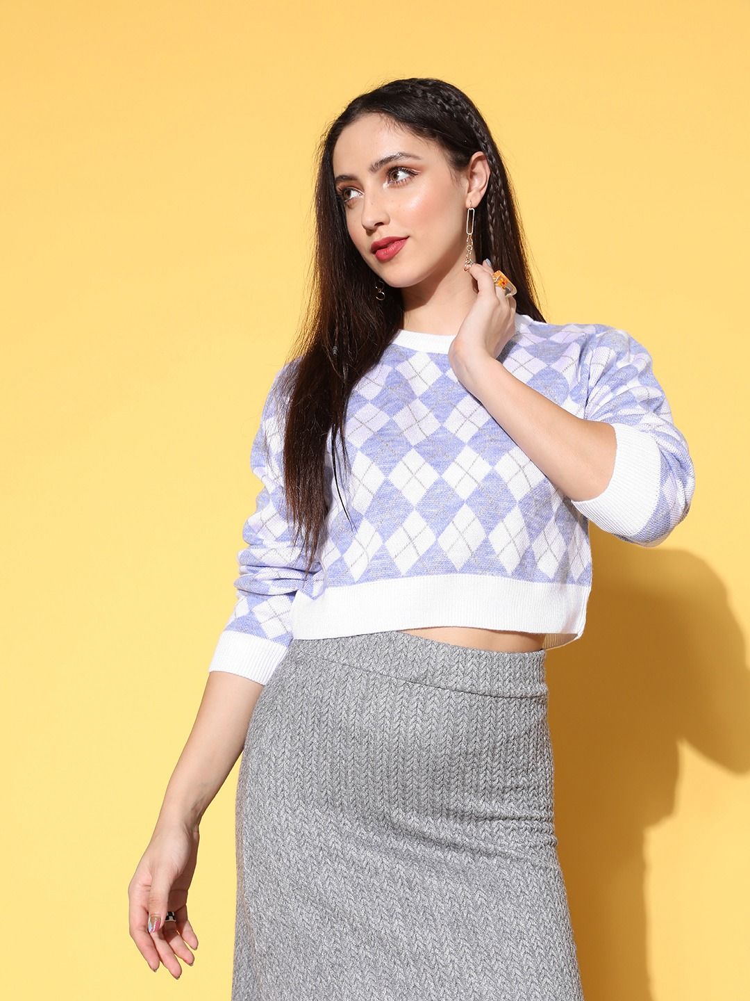 Berrylush Women White Argyle Knits Bits Sweater