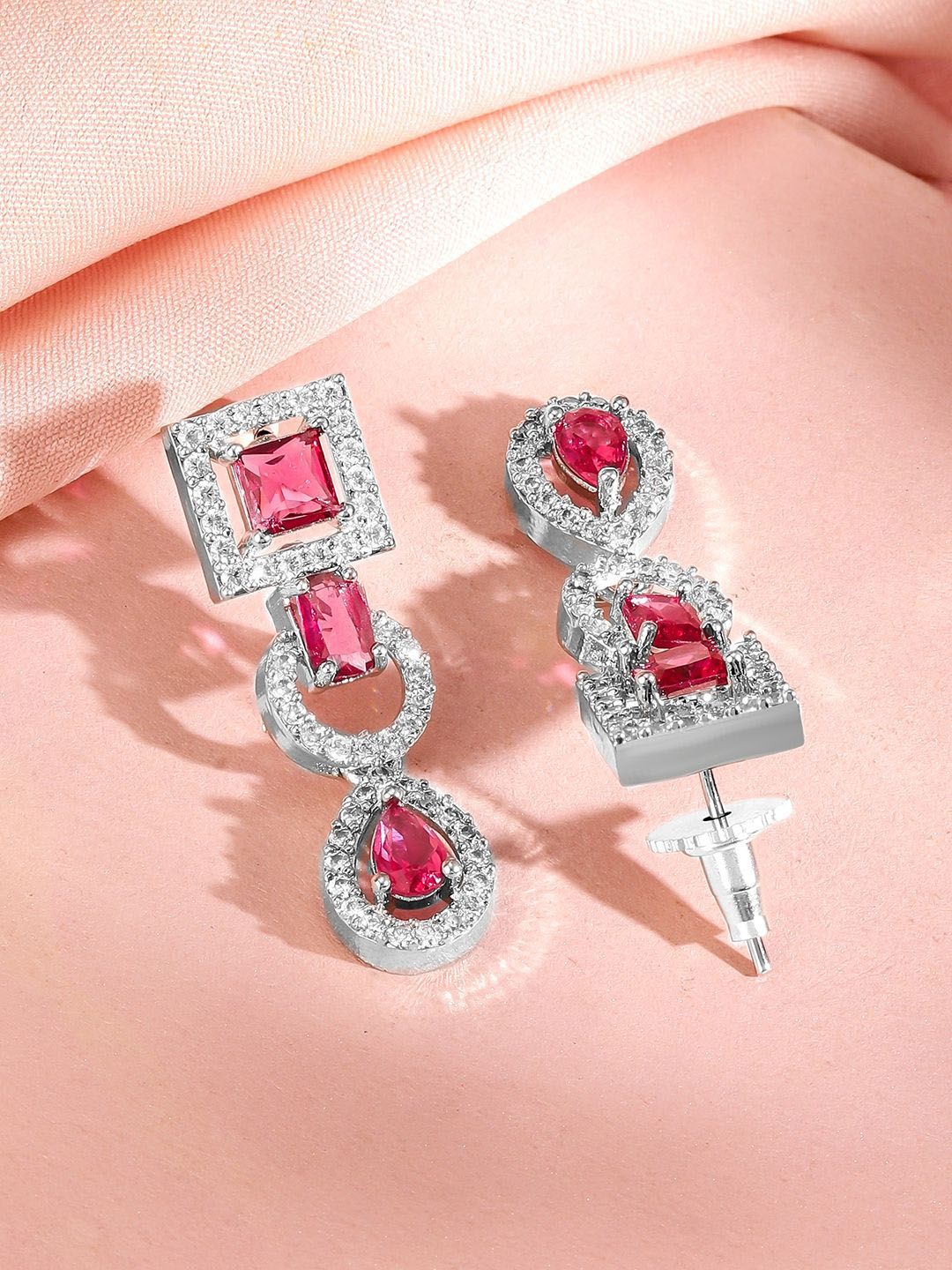 Rubans Rhodium-Plated Ruby Pink AD & Cubic Zirconia Studded Classic Necklace Set