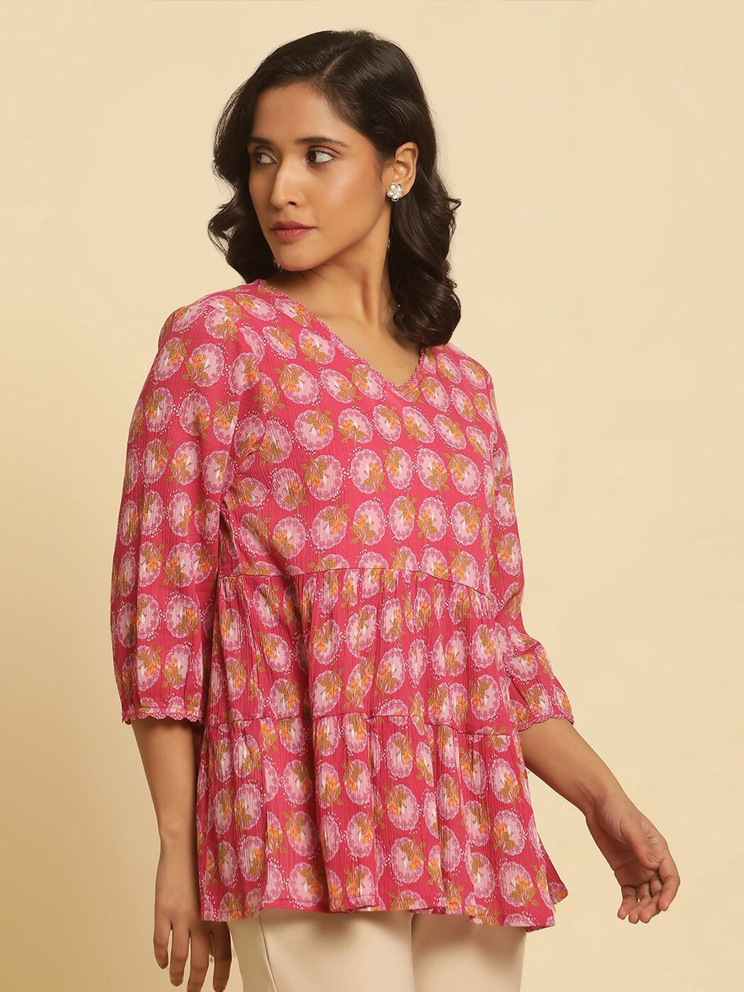 W Floral Printed V-Neck Pure Cotton Top