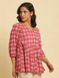 W Floral Printed V-Neck Pure Cotton Top