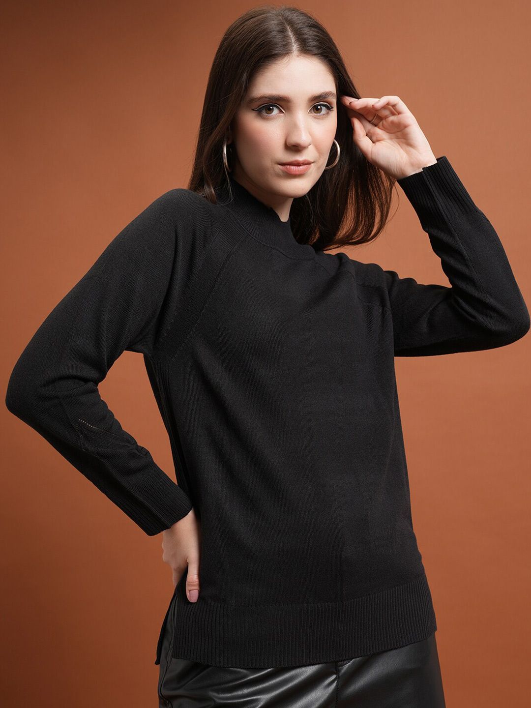 Tokyo Talkies Black Mock Collar Acrylic Pullover