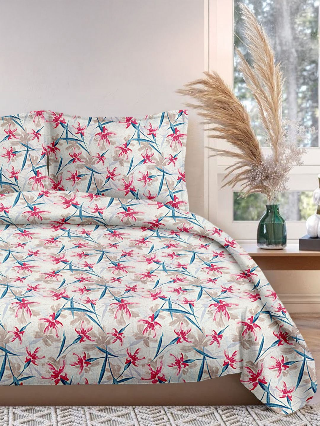 Cortina Glazed Cotton Pink Floral 140 TC King Bedsheet with 2 Pillow Covers