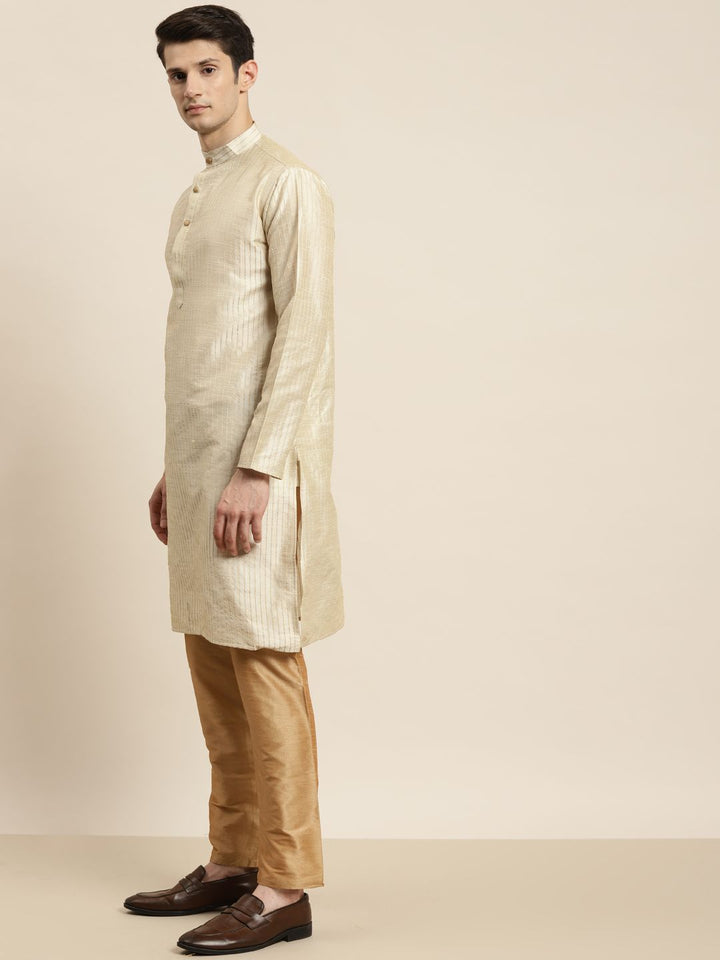 SOJANYA Men Beige Striped Kurta with Pyjamas & Nehru Jacket