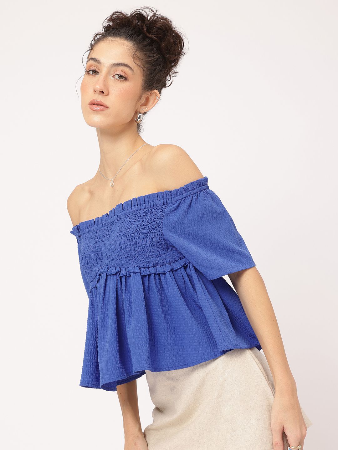DressBerry Smocked Escape Ruffled Seersucker Bardot Top