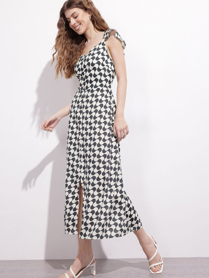 DressBerry Monochrome Maze Ruffled A-Line Midi Dress