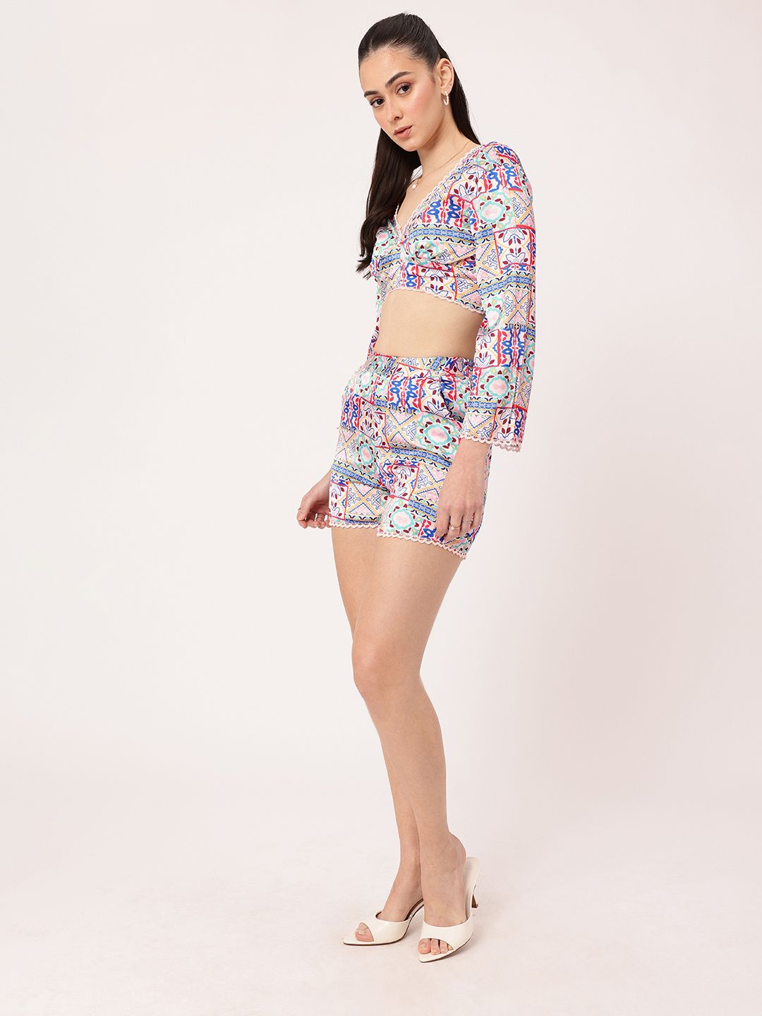 DressBerry Bohemian Bliss Ethnic Motifs Printed Satin Finish Crop Top With Shorts