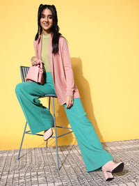SASSAFRAS Women Pink Ribbed Shawl Collar Front Open Sweater