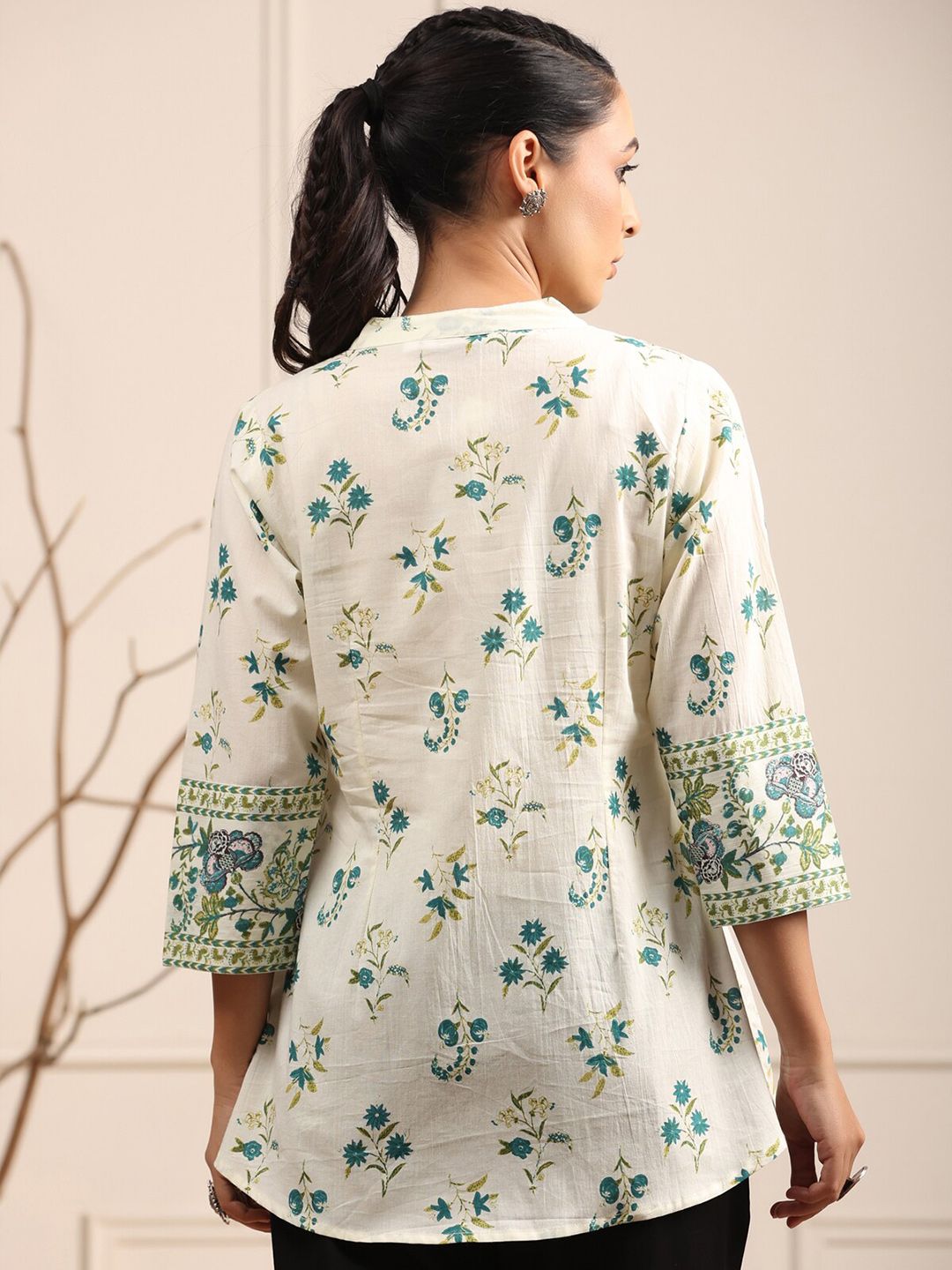Rain & Rainbow Floral Printed Mandarin Collar Pure Cotton A-Line kurti