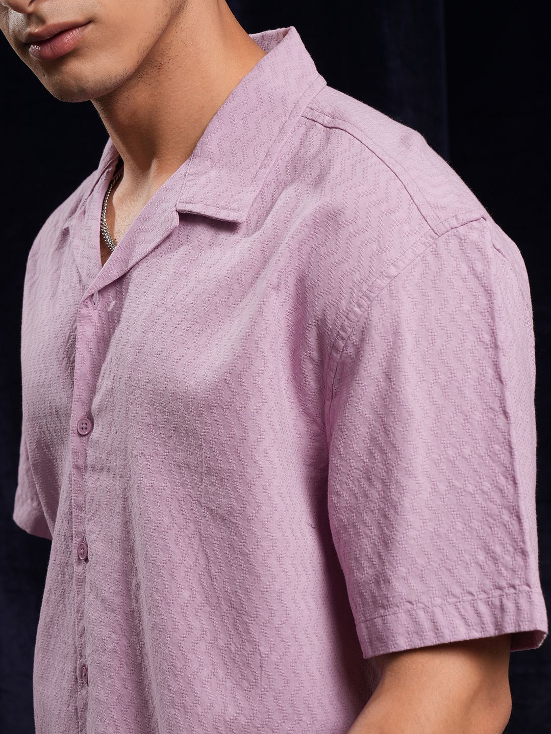 HIGHLANDER Men Dobby Textured Solid Cuban Collar Relaxed Shirt