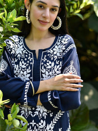 Rumah Chikankari Wanita Navy Blue Modal Chikankari Sulam Kurta