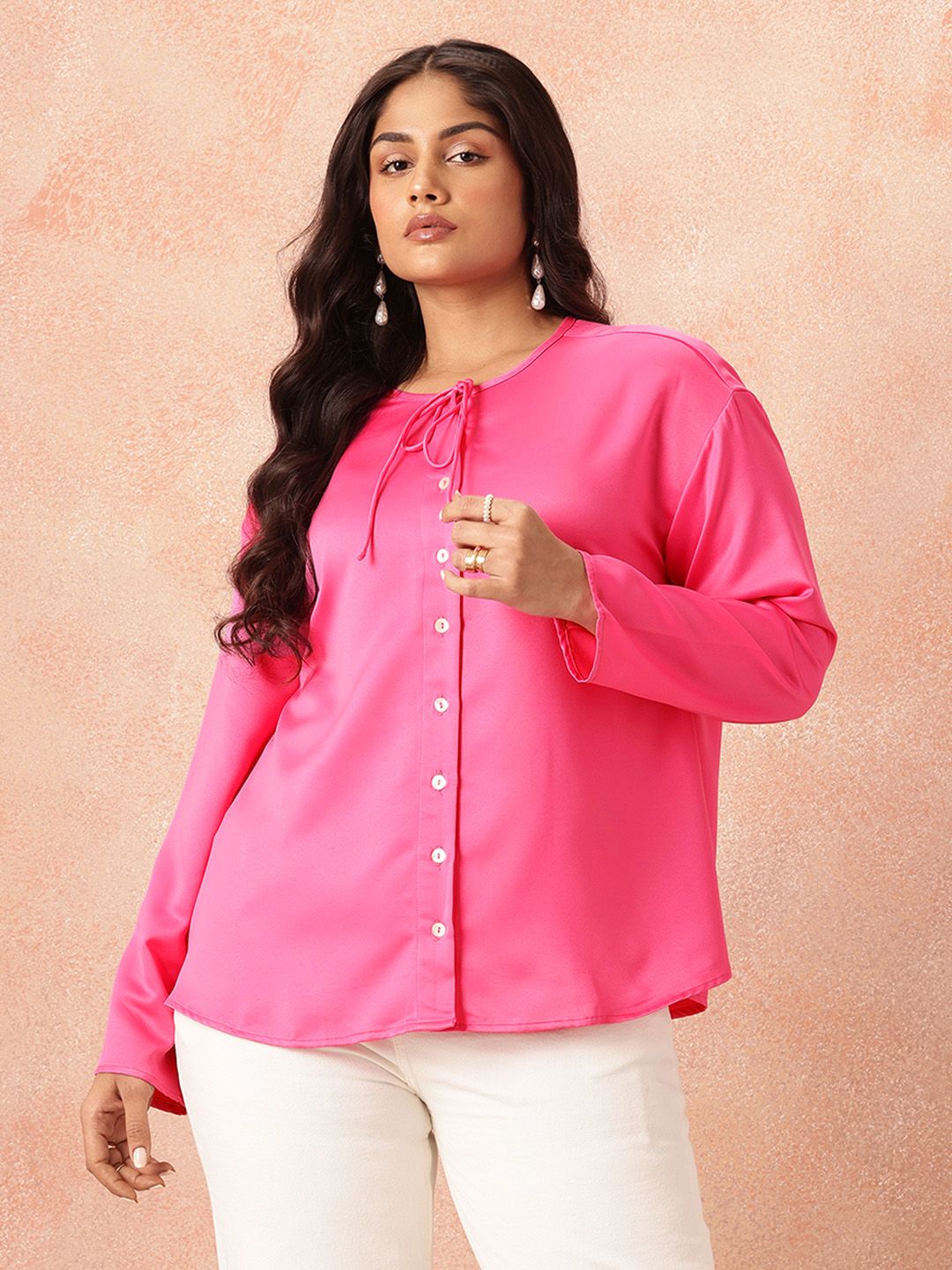 all about you Plus Size Tie-Up Neck Casual Shirt