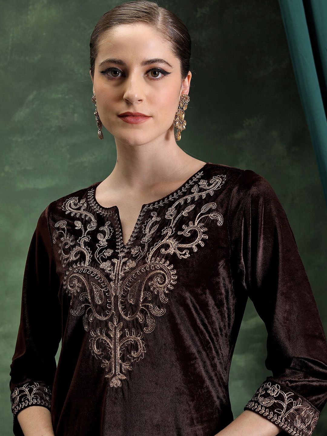 Vishudh Coffee Brown Floral Yoke Design Notch Neck Thread Work Straight Kurta
