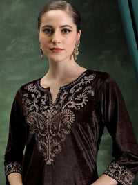 Vishudh Coffee Brown Floral Yoke Design Notch Neck Thread Work Straight Kurta