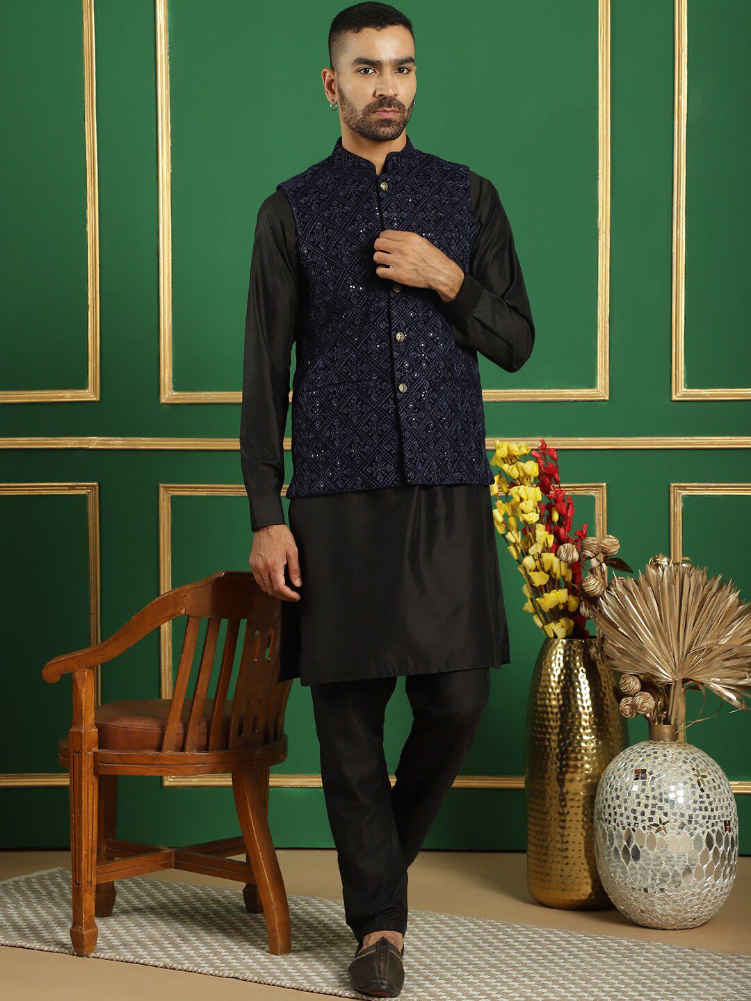 Jompers Embroidered Mandarin Collar Nehru Jackets