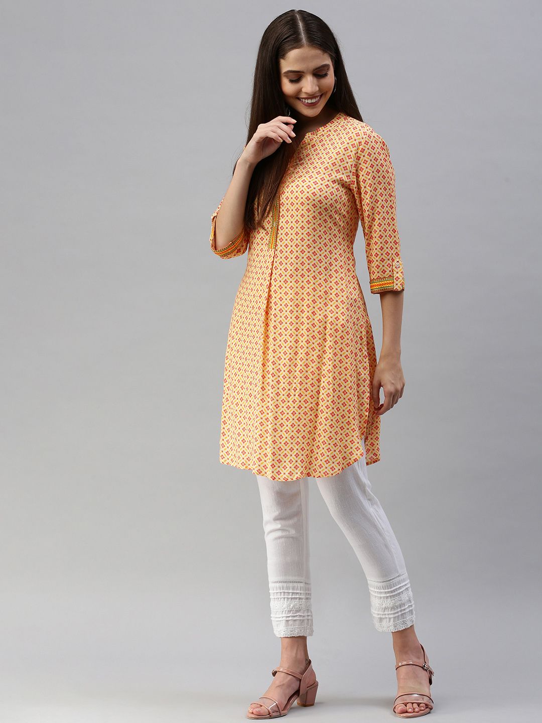 Global Desi Off White & Orange Viscose Printed Pleated Tunic