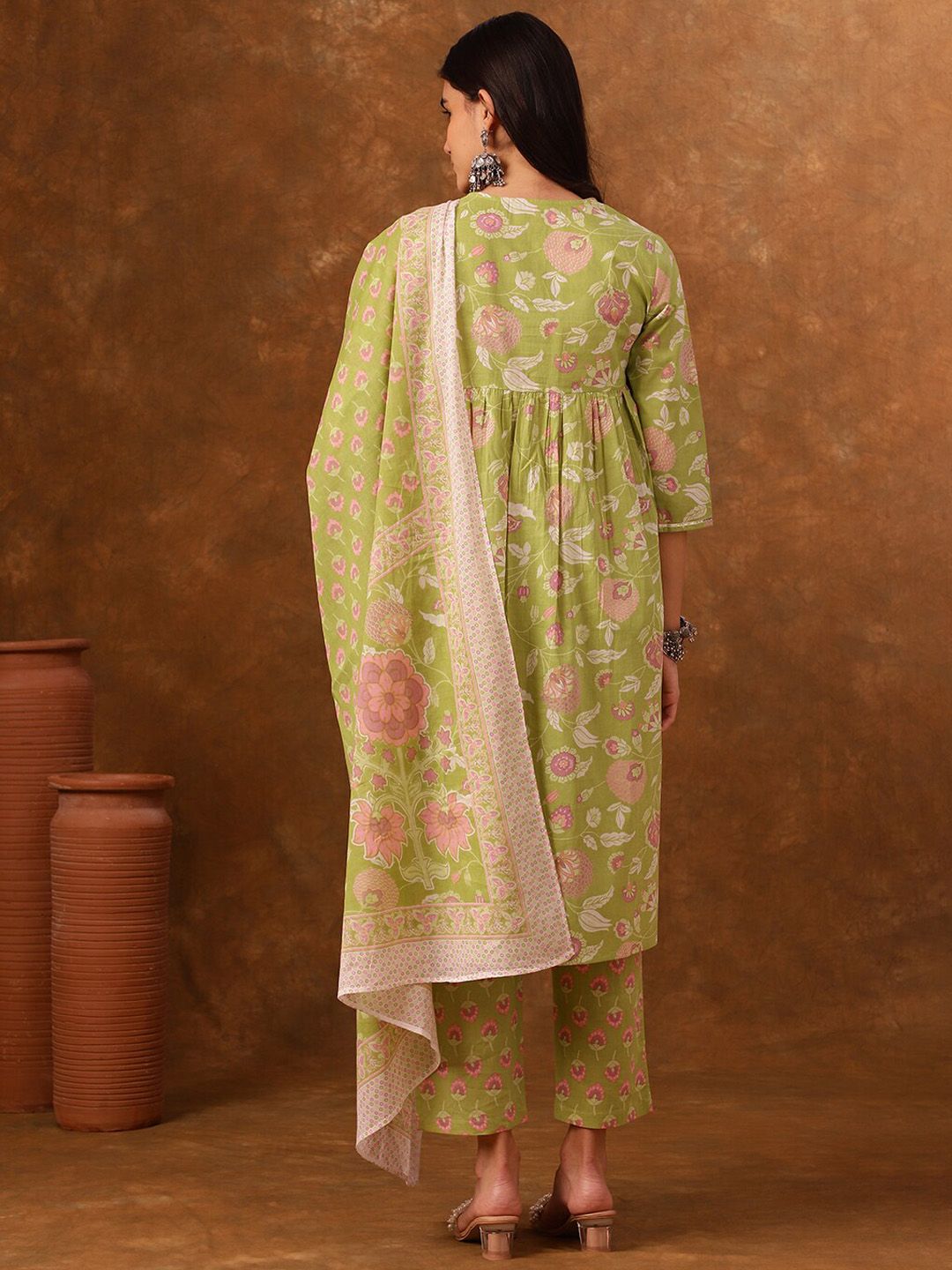 Anouk Floral Printed Regular Thread Work Empire Pure Cotton Kurta With Palazzos & Dupatta