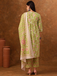 Anouk Floral Printed Regular Thread Work Empire Pure Cotton Kurta With Palazzos & Dupatta