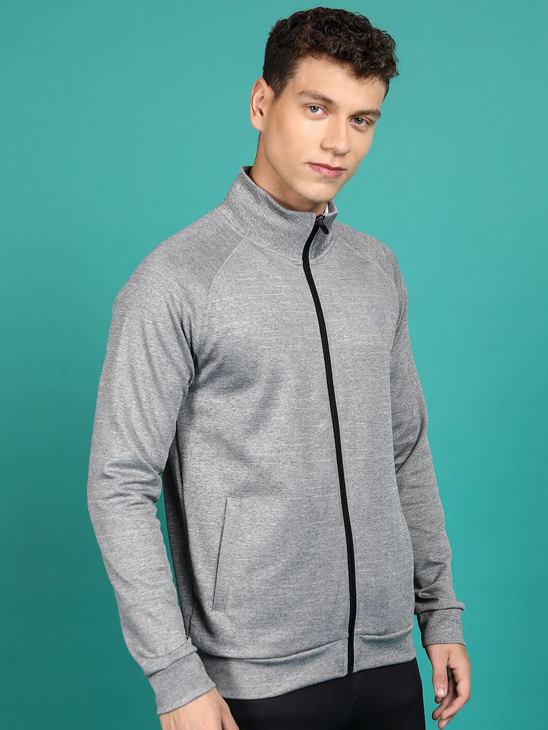 HIGHLANDER Grey Mock Collar Front-Open Sweatshirt