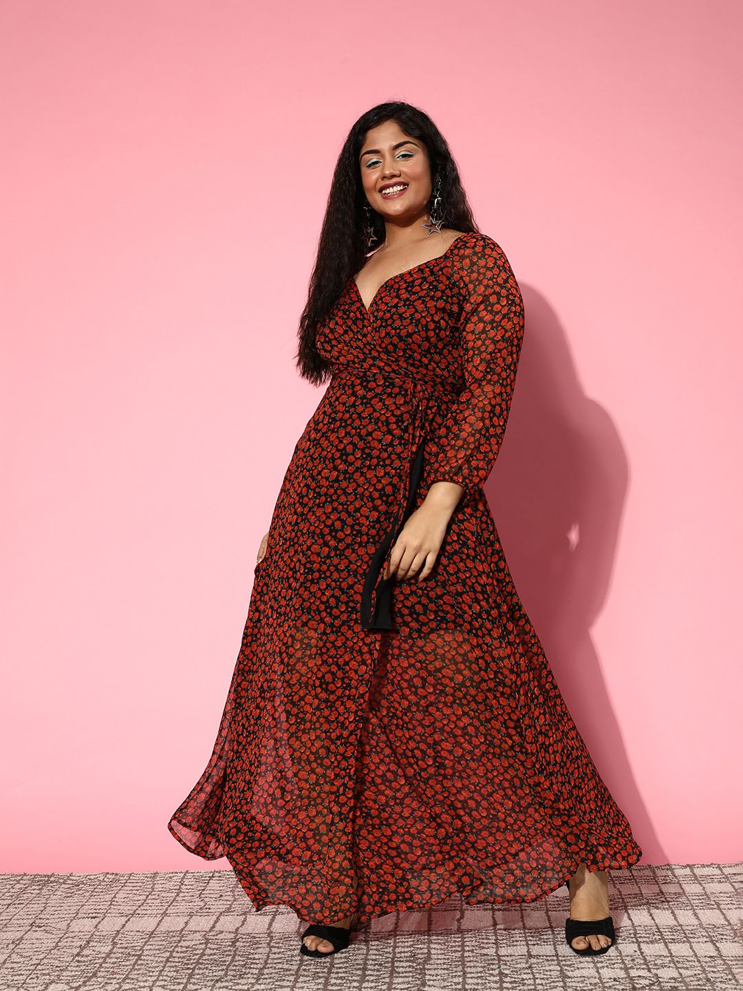 Berrylush Curve Plus Size Floral Print Georgette Maxi Dress