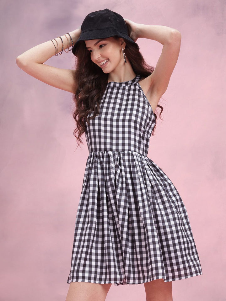 DressBerry Checked Halter Neck Fit & Flare Dress