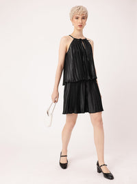 DressBerry Delightful Grace Accordion Pleats Tie-Up Neck Top With Flared Shorts Co-Ords