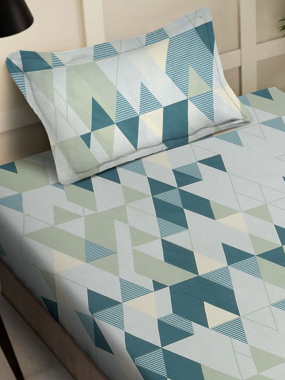 Set Cadar Bujang KLOTTHE Green Geometric Printed Cotton 400 TC