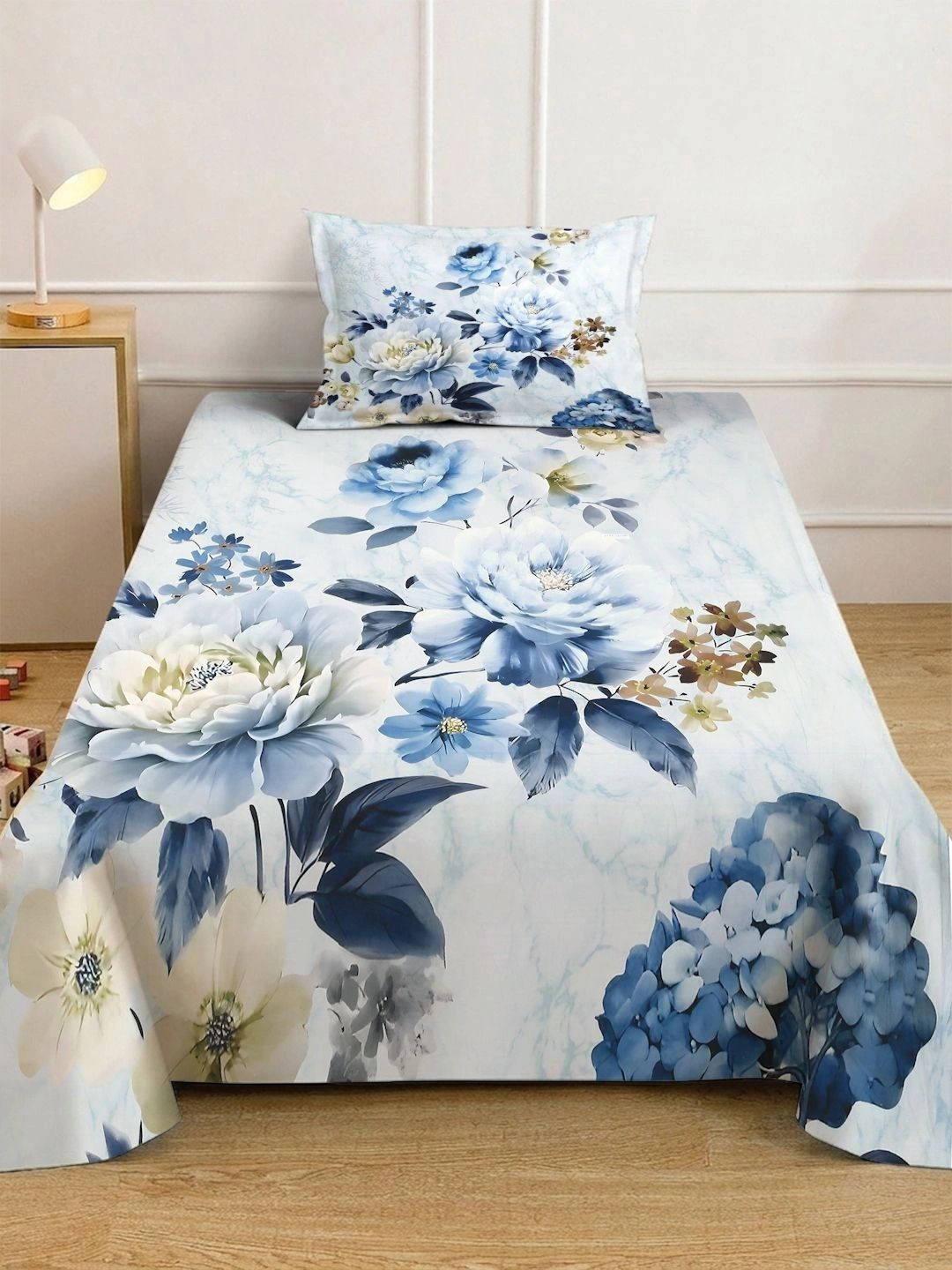 Moda Rapido X KLOTTHE Blue Floral 400 TC Single Bedsheet with 1 Pillow Covers