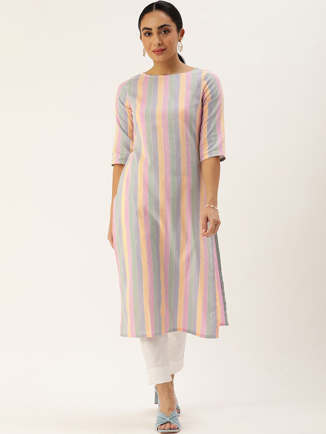 KALINI Women Striped Keyhole Neck Flared Sleeves Sequinned Kurta
