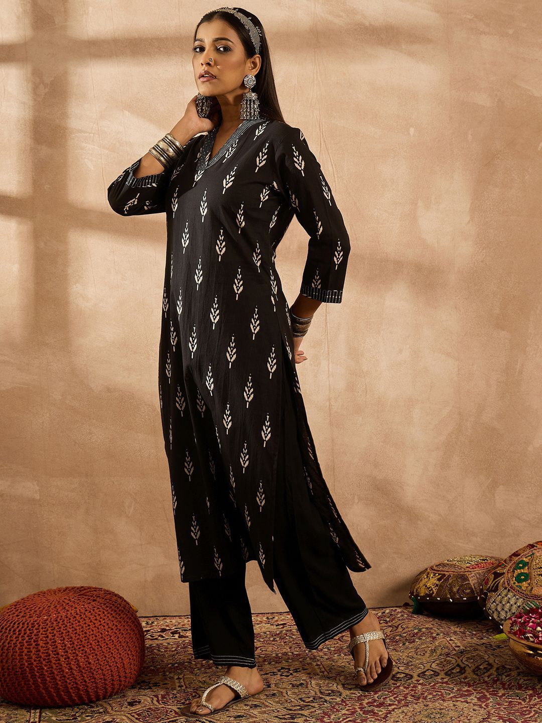 Indo Era Floral Printed V-Neck Pure Cotton Sequinned Straight Kurta