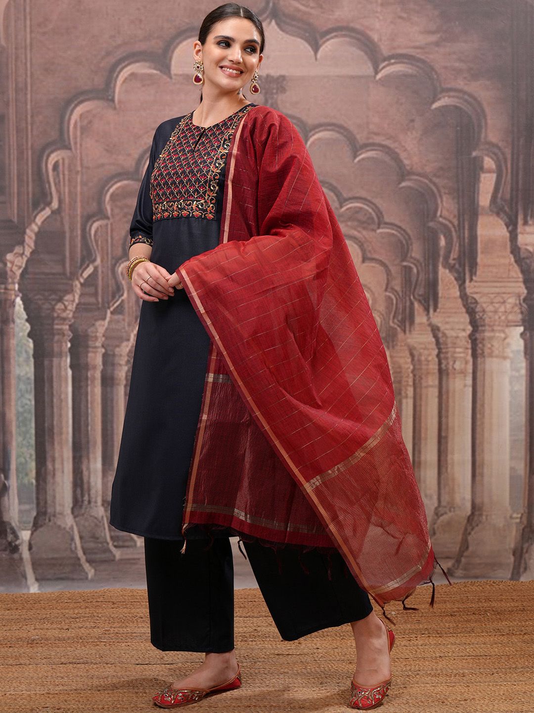 Vishudh Navy Blue Floral Embroidered Straight Kurta with Palazzo & Dupatta