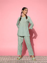 SANSKRUTIHOMES Women Green & White Printed Pure Cotton Top With Trousers