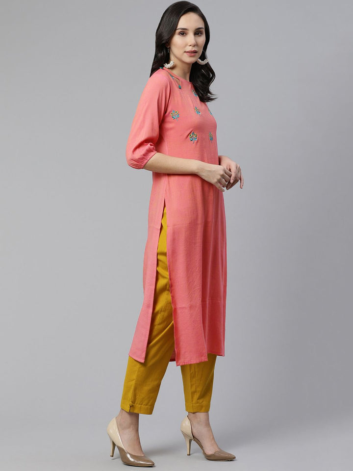 Libas Women Coral Pink & Blue Floral Embroidered Straight Kurta