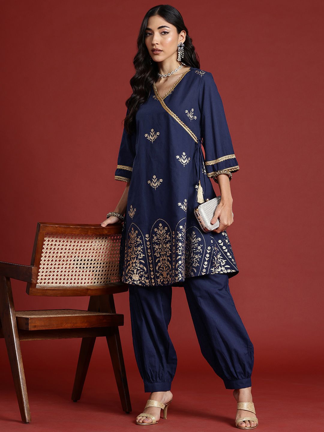 Anouk Foil Print Angrakha Gotta Patti Pure Cotton Kurta with Salwar