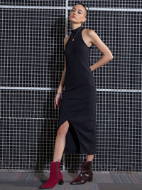 SASSAFRAS Black High Neck Sheath Midi Dress
