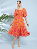 Antheaa Yellow Floral Printed Square Neck Puff Sleeve Chiffon Fit & Flare Midi Dress
