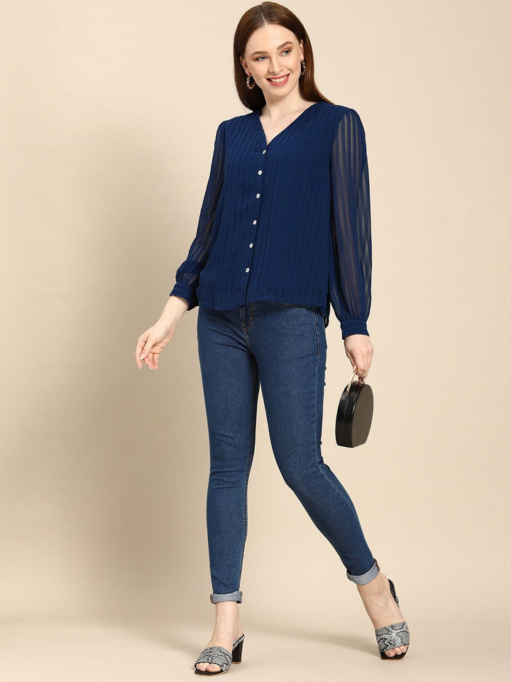 all about you Women Navy Blue Self Design Stripes V-Neck Casual Shirt