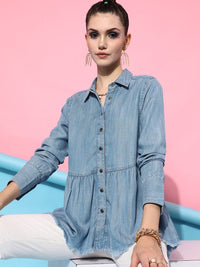 STREET 9 Women Blue Classic Casual Shirt