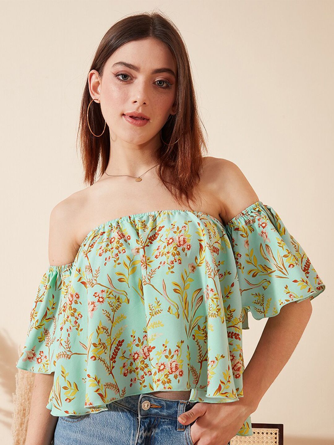 Berrylush Green Floral Printed Off-Shoulder Bardot Crop Top