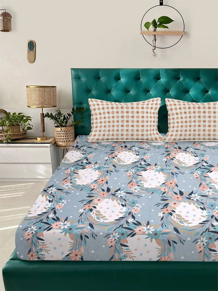 Moda Rapido X KLOTTHE Blue & Pink Floral 300 TC King Bedsheet with 2 Pillow Covers