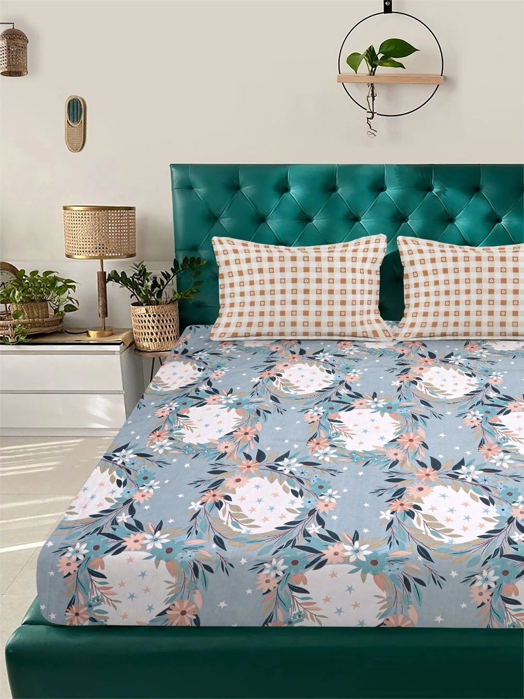 Moda Rapido X KLOTTHE Blue & Pink Floral 300 TC King Bedsheet with 2 Pillow Covers