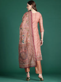 Indo Era Ethnic Motifs Printed Thread Work Chanderi Silk Kurta With Trousers & Dupatta