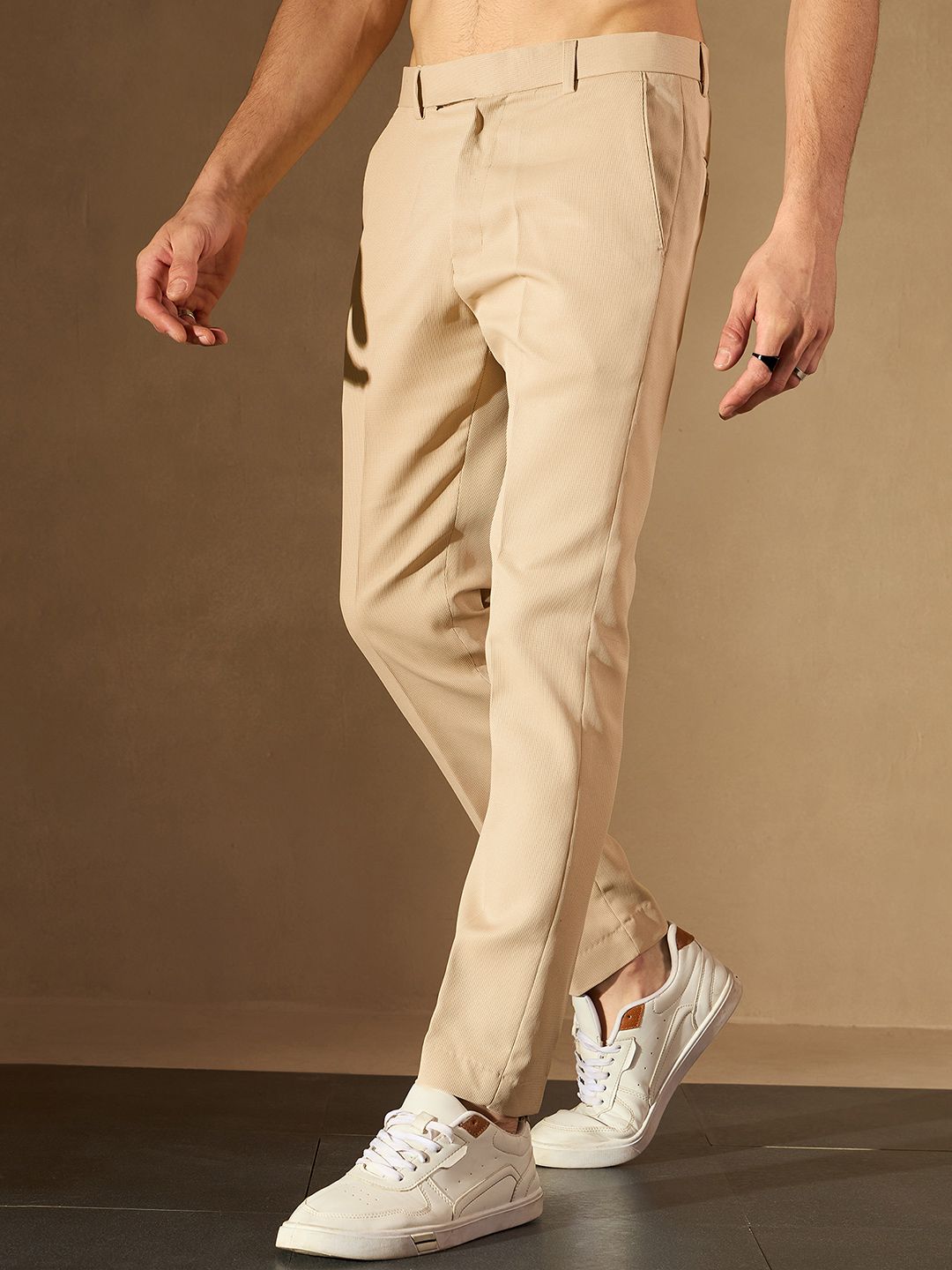 DENNISON Men Beige-Coloured Self Design Tapered Fit Trouser
