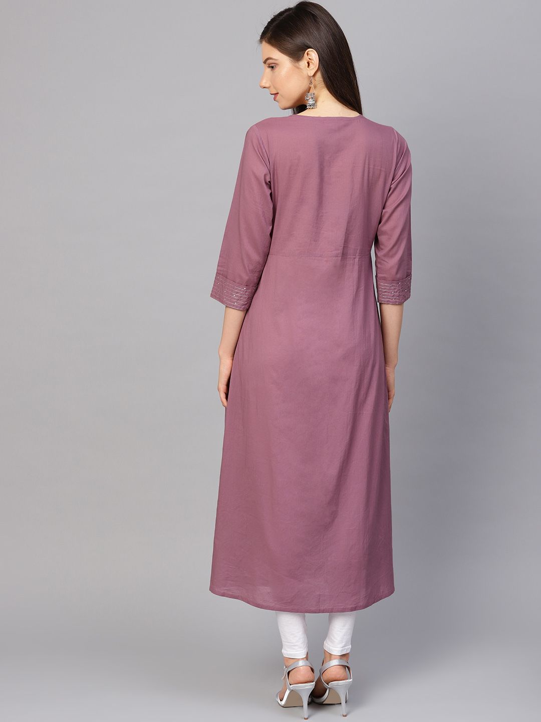 Varanga Women Mauve Sequinned Pure Cotton Gathered Keyhole Neck Kurta with Zari Work