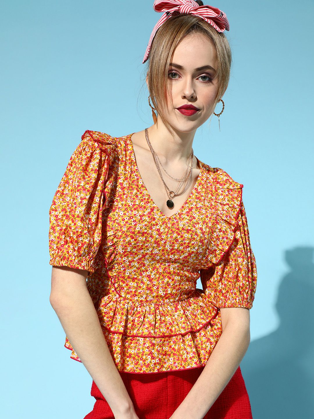 Antheaa Women Bright Yellow Floral Tiered Top