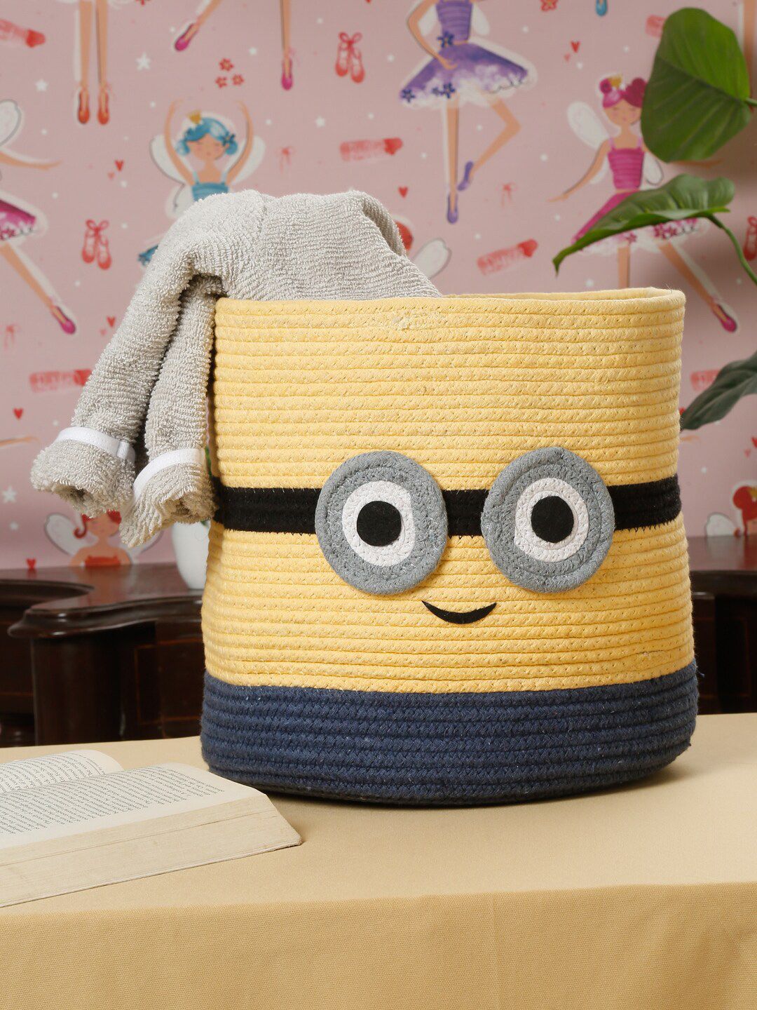 HOSTA HOMES Yellow & Blue Cartoon Character Textured Pure Cotton Foldable Laundry Bag