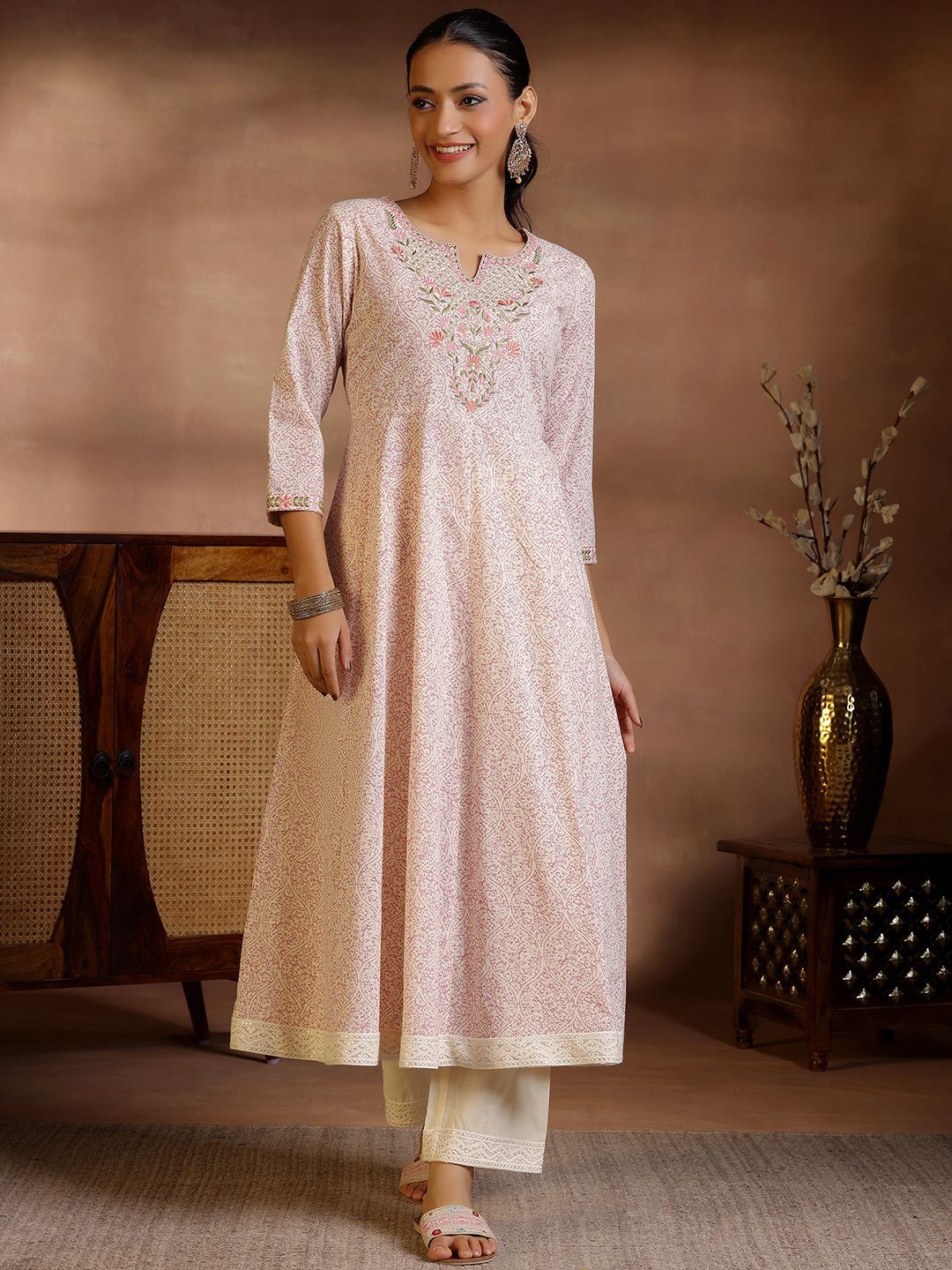 Libas Floral Printed Panelled Pure Cotton Anarkali Kurta with Trousers