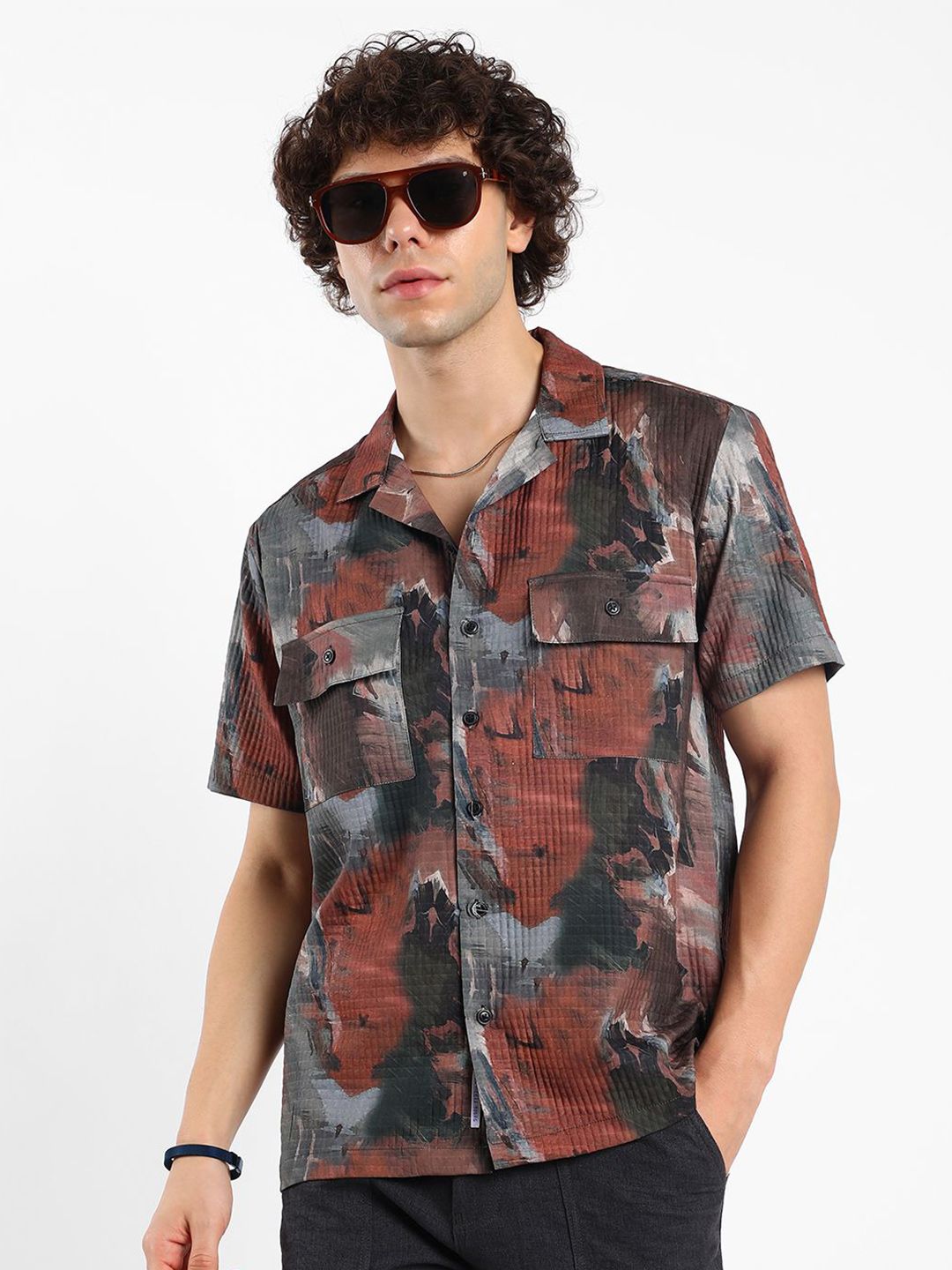 Campus Sutra Men Comfort Fit Cuban Collar Abstract Printed Oversized Casual Shirt