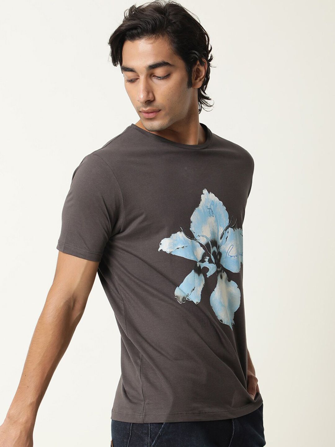 RARE RABBIT Men Floas Floral Printed Pure Cotton Slim Fit T-Shirt
