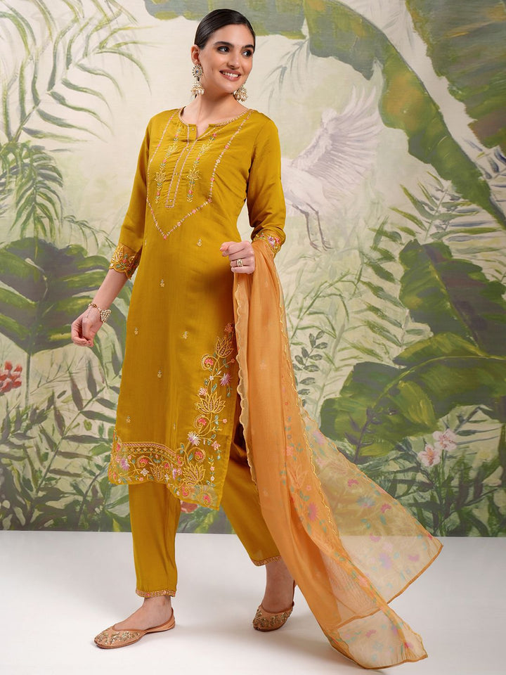 Vishudh Mustard Yellow Embroidered Thread Work Straight Kurta With Trousers & Dupatta